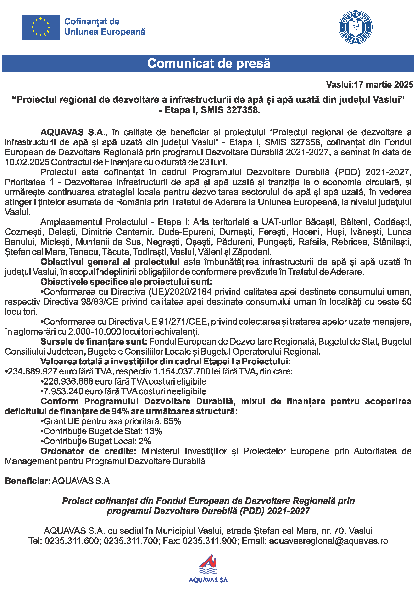 Comunicat Presa SCRISA 17.03.2025 o zi Aquavas Dezvoltare 2021-2027